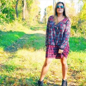 Bohemian Floral Print Shift Dress - Small